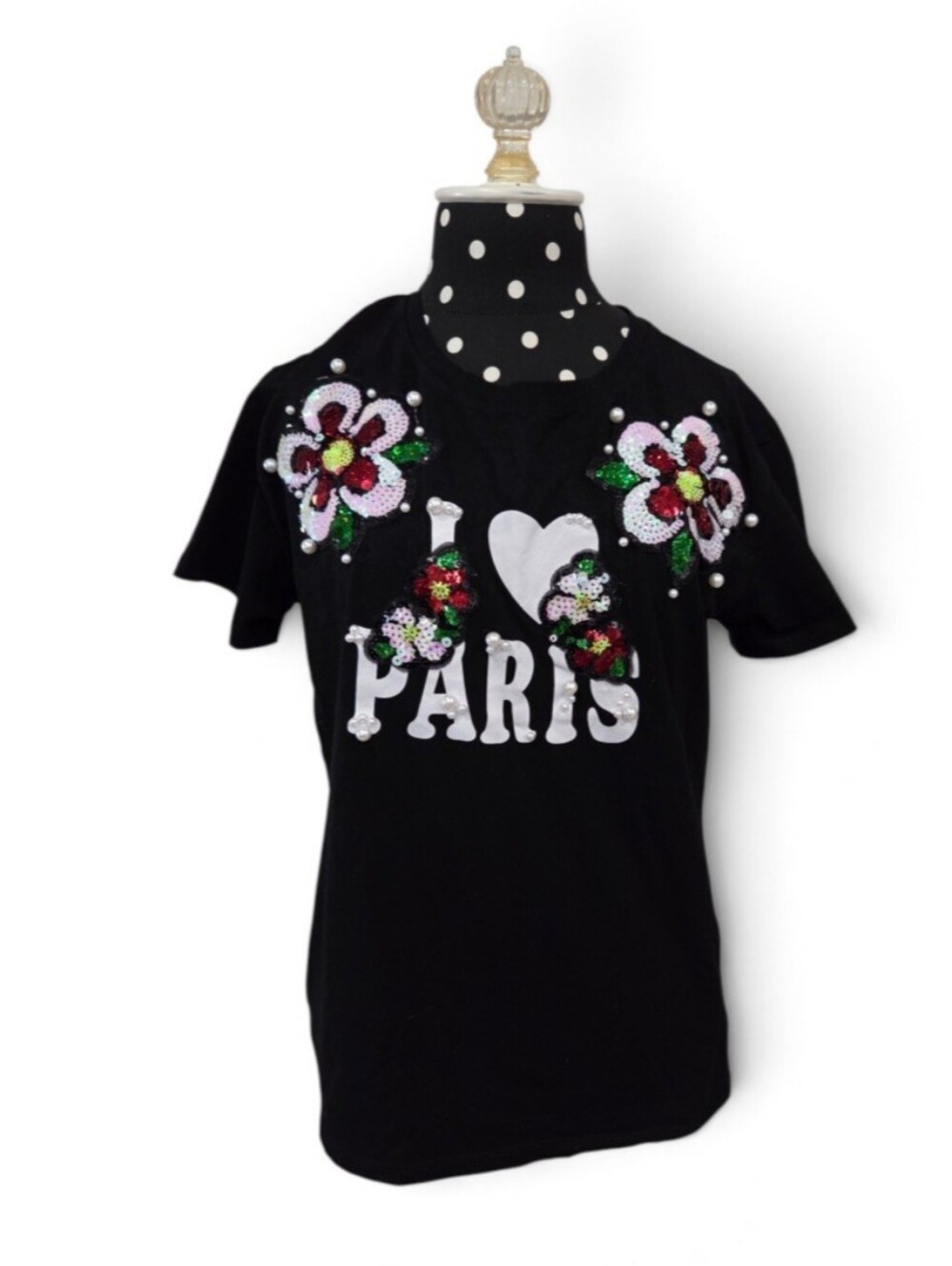 MIAO MIAO WOMEN' Black Sequin Floral 'I ♥ Paris' Short Sleeve Tee Size Medium